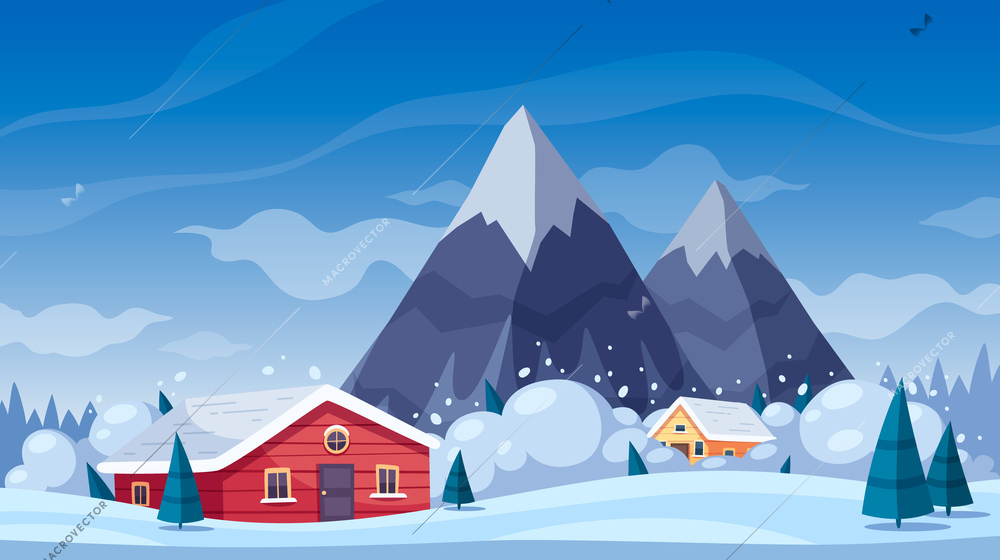 Natural disaster cartoon composition with winter landscape and mountains with snow avalanche gliding upon living houses vector illustration