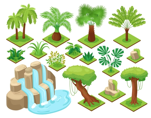 Isometric jungle set with isolated elements of jungle terrain with trees and plants on blank background vector illustration
