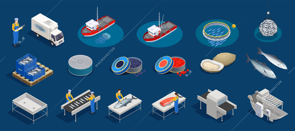 Fish industry seafood production isometric set with isolated icons of marine products fishing facilities and people vector illustration