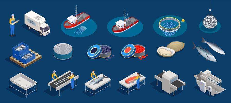 Fish industry seafood production isometric set with isolated icons of marine products fishing facilities and people vector illustration