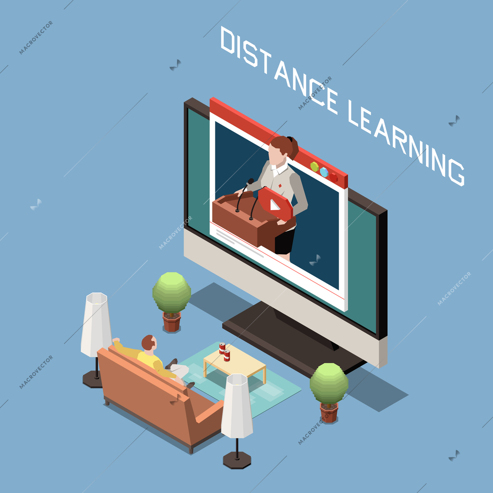 Distance learning isometric design concept  with man sitting on couch and lector on computer screen vector illustration