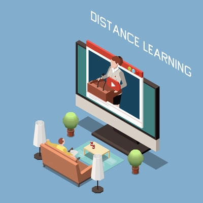 Distance learning isometric design concept  with man sitting on couch and lector on computer screen vector illustration