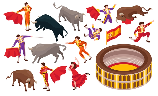 Isometric bullfight set of isolated icons with arena and bulls fighting with toreador on blank background vector illustration