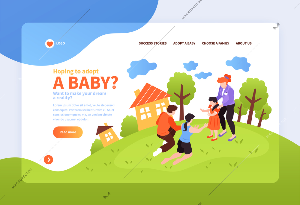 Isometric adoption custody concept banner web site landing page with clickable links buttons and editable text vector illustration