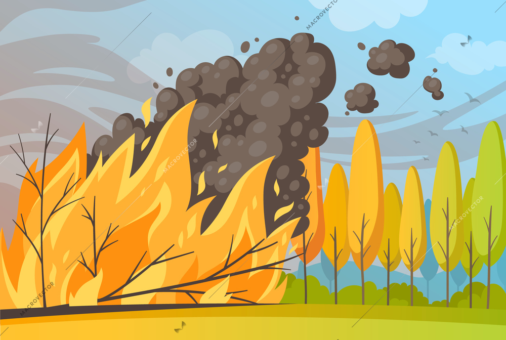 Natural disaster cartoon composition with outdoor scenery and burning trees with fire flame and smoke cloud vector illustration