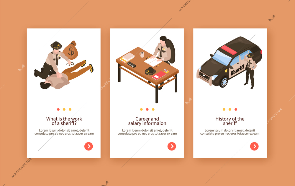 Set of three isometric sheriff vertical banners with clickable buttons text and characters of marshal at work vector illustration