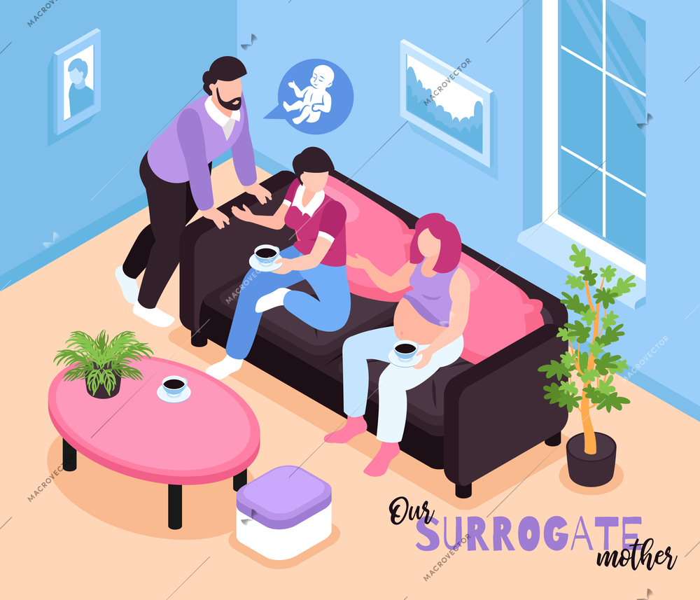 Isometric surrogacy isometric composition with domestic view of room and couple drinking tea with surrogate mother vector illustration
