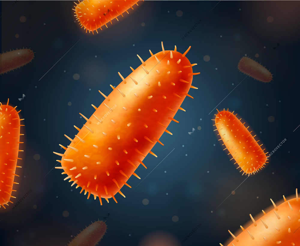 Viruses realistic composition with colourful images of similar orange hairy microbes floating in cell with particles vector illustration