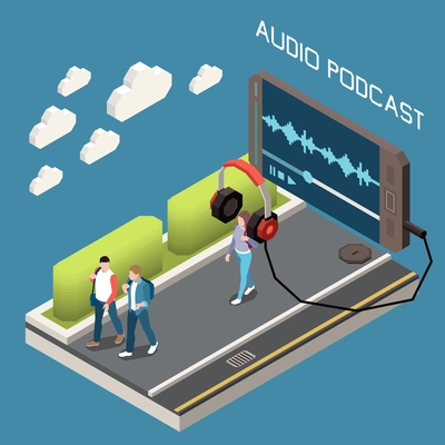 Audio podcast isometric background with  headphones connected to smartphone with  app downloading training audio files vector illustration