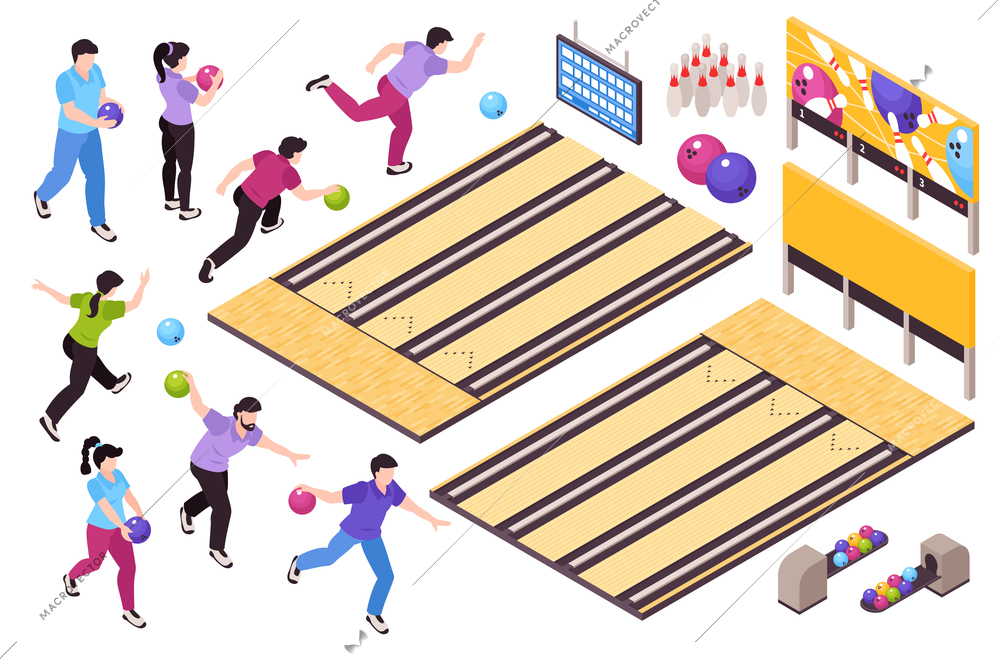 Bowling sport game entertainment isometric set with players throwing balls knocking pins score sheet frames vector illustration