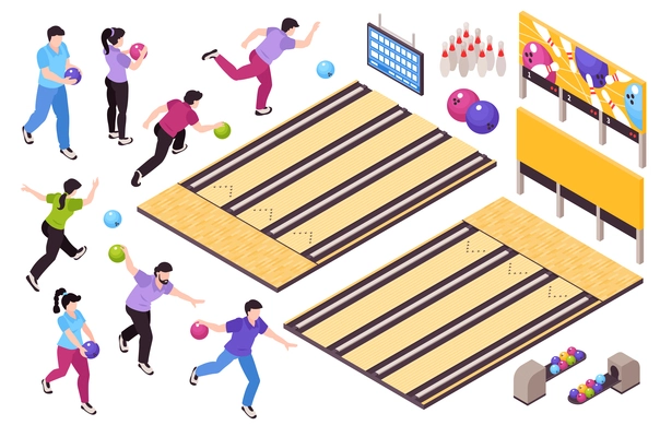 Bowling sport game entertainment isometric set with players throwing balls knocking pins score sheet frames vector illustration