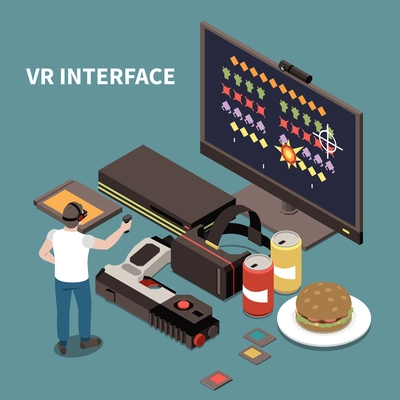 People and interfaces isometric poster with man wearing virtual reality glasses and using  controller for game vector illustration