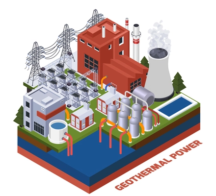 Electricity isometric composition with geothermal power station 3d vector illustration