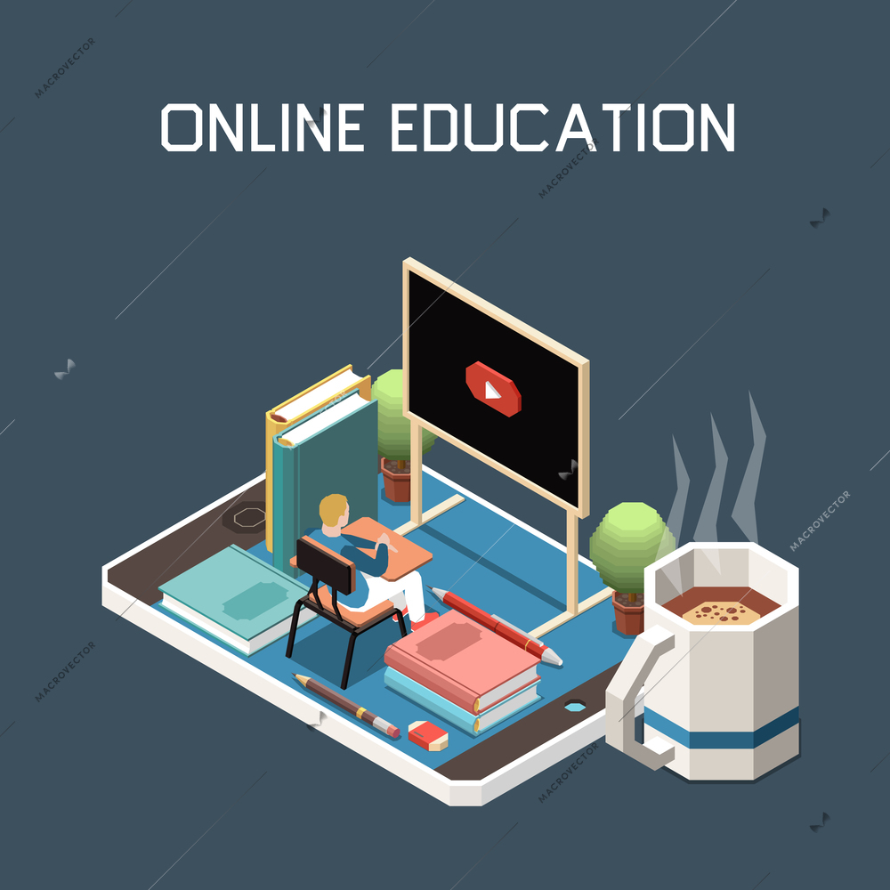 Online education abstract background with male character sitting at desk on big smartphone and looking at blackboard with start video icon isometric vector illustration