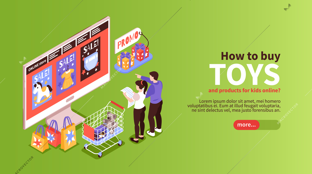 Isometric kids online shopping horizontal banner with slider button text parents characters and computer with goods vector illustration