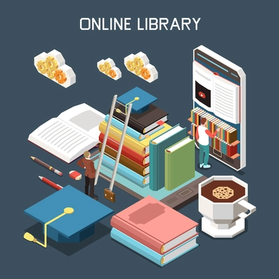 Online library isometric design concept with stack of tutorials covered with magistracy hat under cloud icons isometric vector illustration