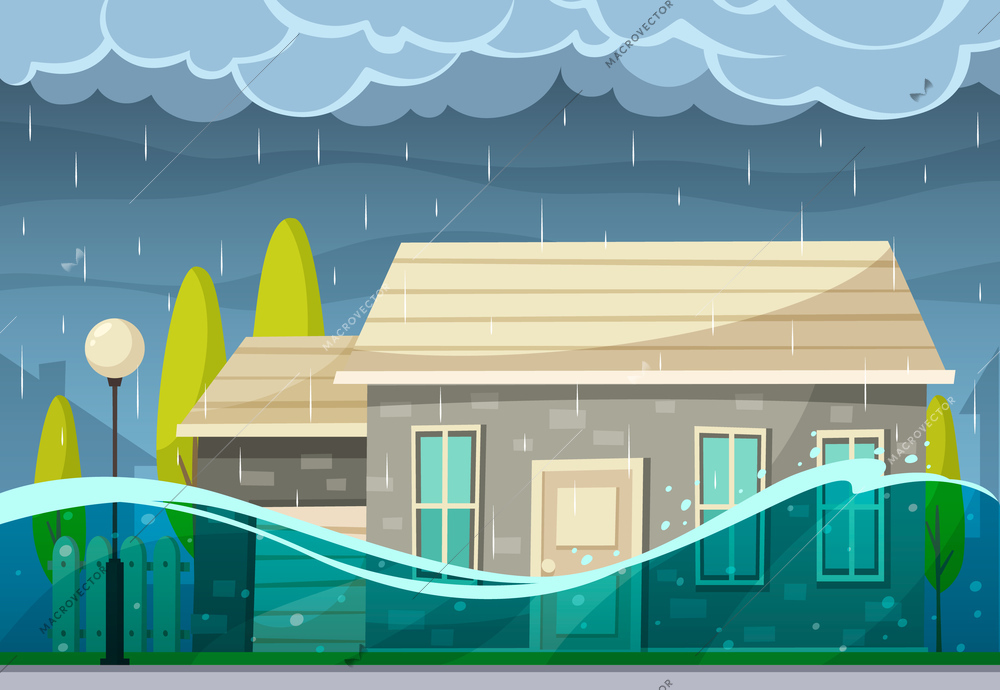 Natural disaster cartoon composition of outdoor landscape with living houses and rainy clouds with flood water vector illustration