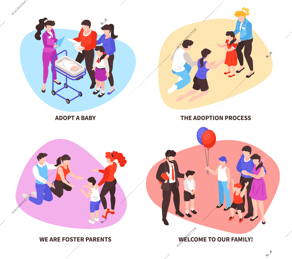 Child baby adoption concept isometric compositions set with procedure meeting foster parents welcome to family vector illustration