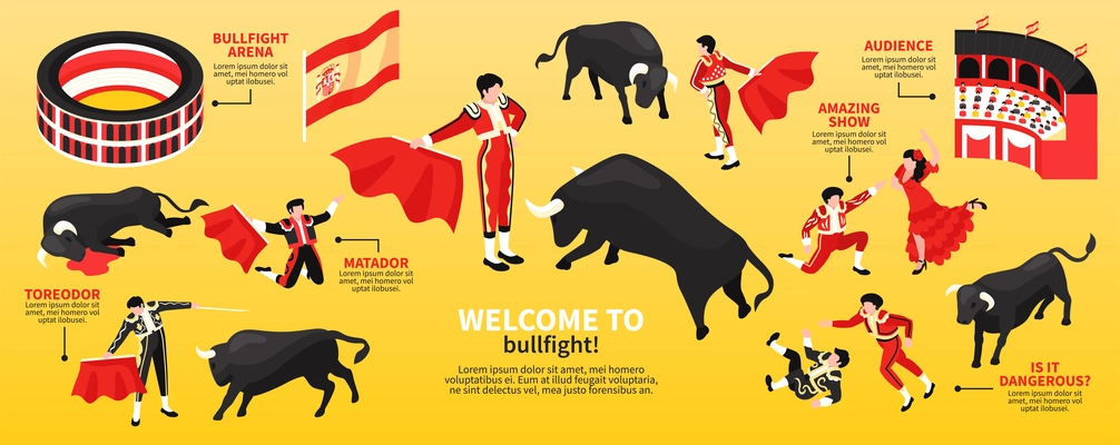 Isometric bullfight narrow composition with isolated images of fight arena toreador characters and bulls with text vector illustration