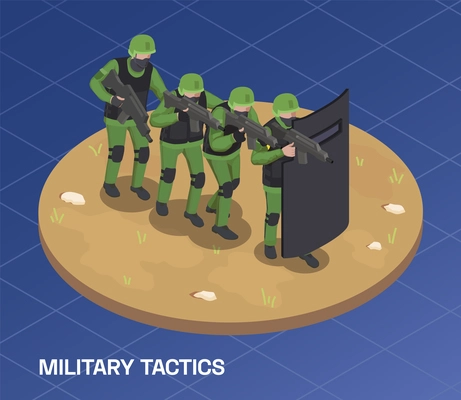 Army weapons soldier isometric composition with text and group of special forces moving forward in line vector illustration