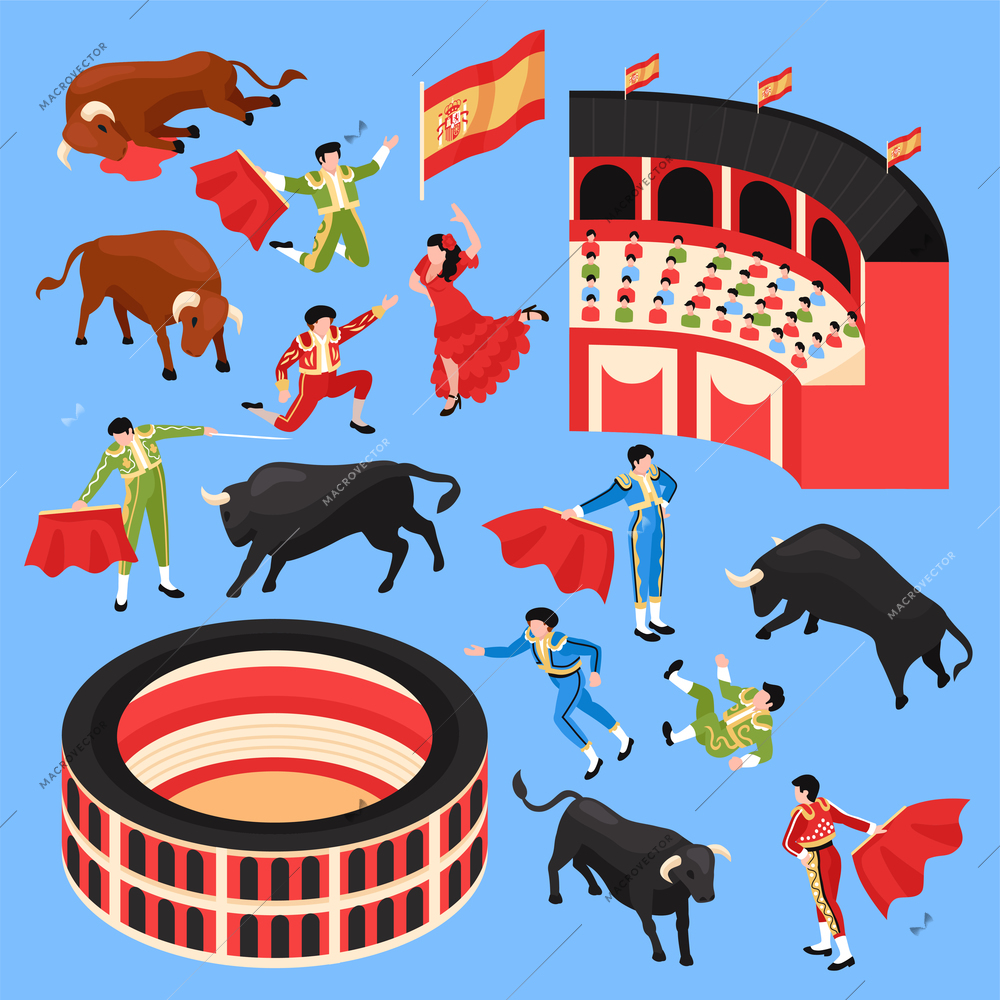 Isometric bullfight stadium set with isolated human characters of dancers toreador and arena stands with bulls vector illustration