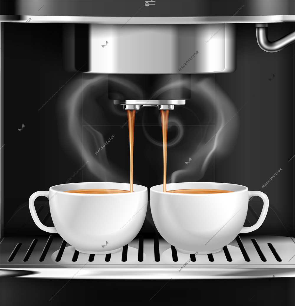 Professional machine preparing two cups of coffee realistic background vector illustration