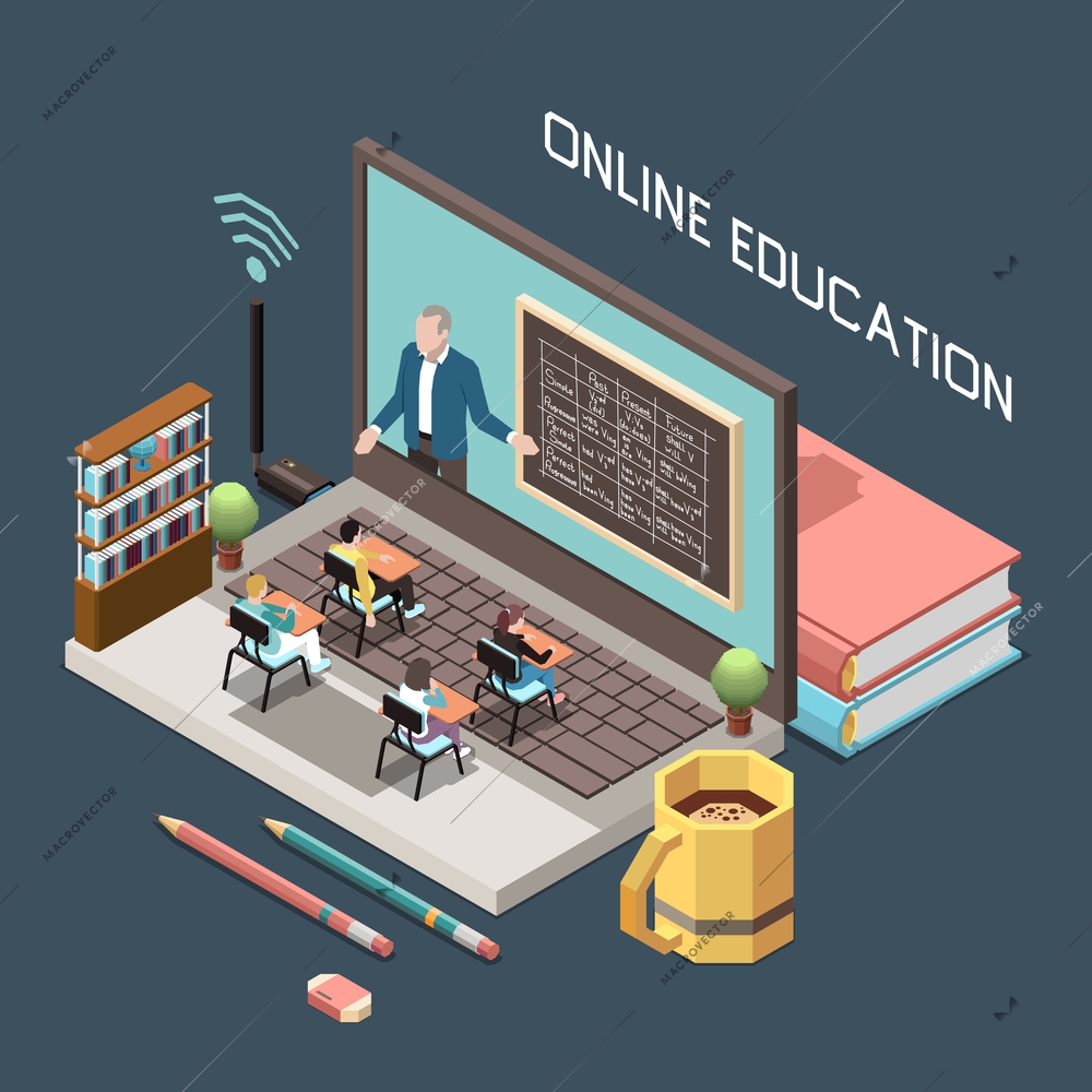 Online education design concept with lecturer at blackboard ob big pc screen and little pupils sitting at desks on big keyboard isometric vector illustration