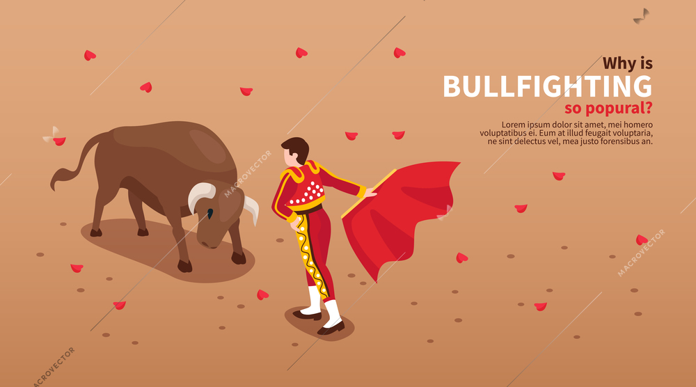 Isometric bullfight horizontal banner with view of field with bull and toreador characters and editable text vector illustration