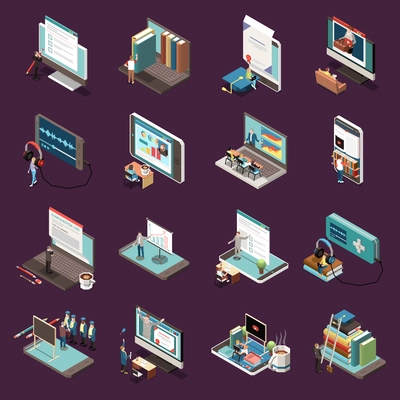 Online education isometric icons with video webinar and audio podcast on device screen and graduates in square academic cap isolated vector illustration