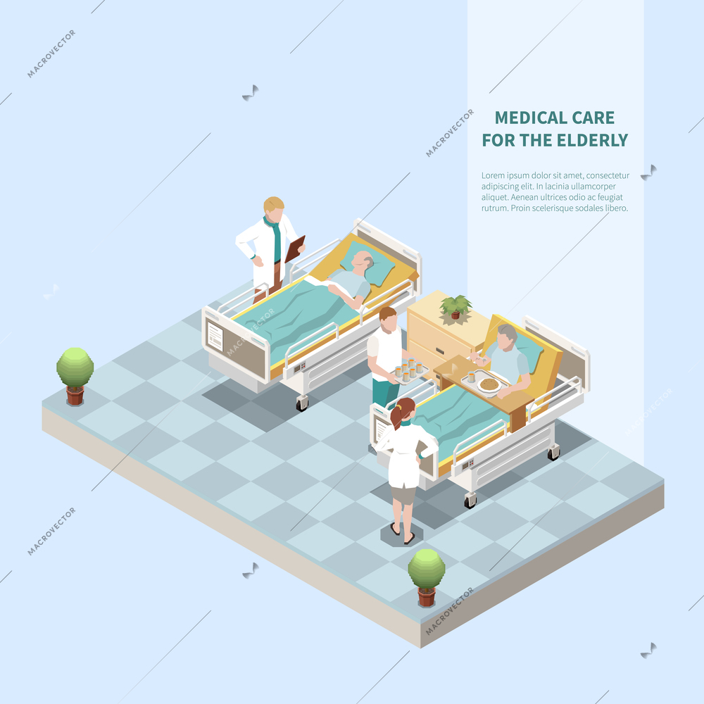 Medical care for elderly isometric background with doctor doing medical checkup and treatment in nursing home vector illustration