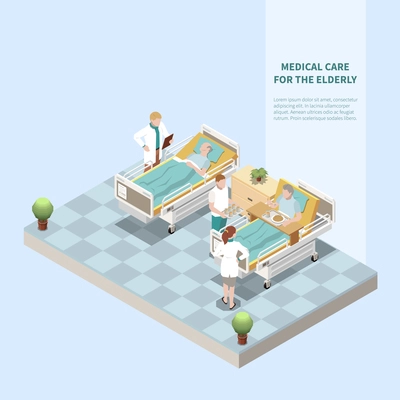Medical care for elderly isometric background with doctor doing medical checkup and treatment in nursing home vector illustration