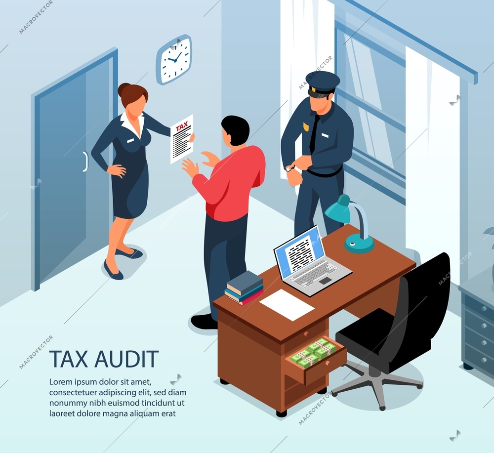 Tax audit on site inspection isometric composition with authorities examining business administration accounts records returns vector illustration