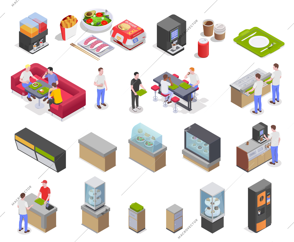 Food court isometric set with icons and images of meal products furniture shop displays and equipment vector illustation