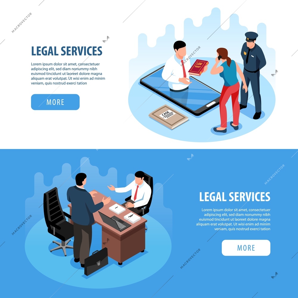 Isometric lawyer horizontal banners set with silhouette cityscape and characters of clients with buttons and text vector illustration