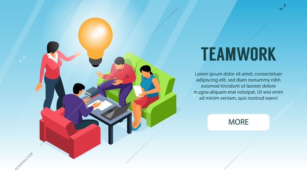 Efficient teamwork concept isometric landing page banner with brainstorming team innovative idea light bulb symbol vector illustration