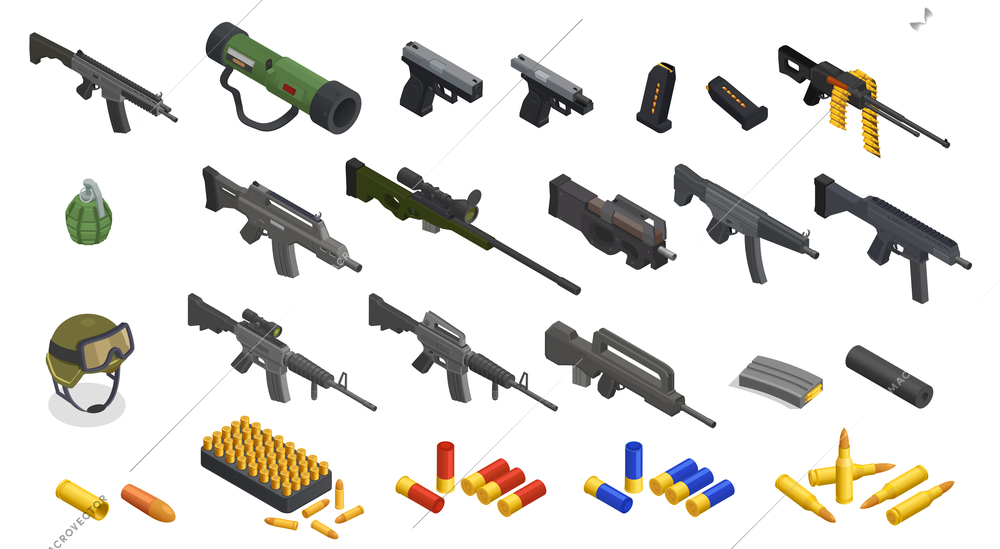 Army weapons soldier isometric set with isolated icons of arms inventory automatic hand guns and bullets vector illustration