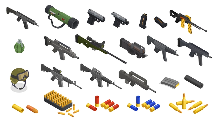 Army weapons soldier isometric set with isolated icons of arms inventory automatic hand guns and bullets vector illustration