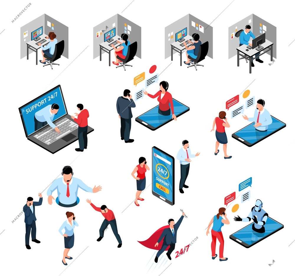 Call center customer support service isometric set with operator robot chatting with clients from smartphone screen vector illustration