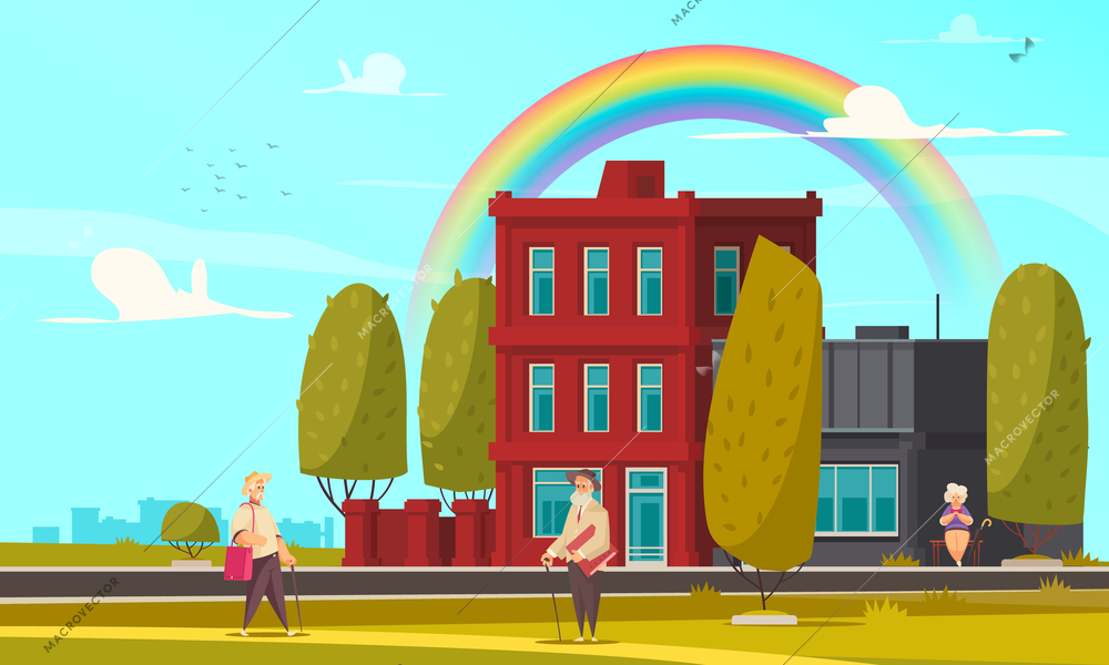 Rainbow in city background with people walking  in park flat vector illustration