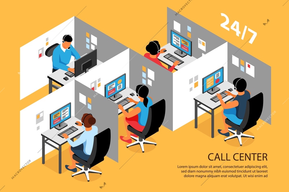 Call center interior isometric composition with customer support service agents workplace cubicles advertising background poster vector illustration