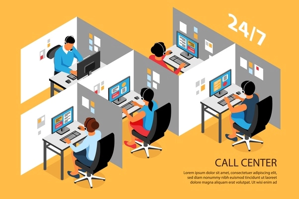 Call center interior isometric composition with customer support service agents workplace cubicles advertising background poster vector illustration