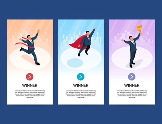Set of three isometric winner businessman vertical banners with editable text clickable buttons and human characters vector illustration