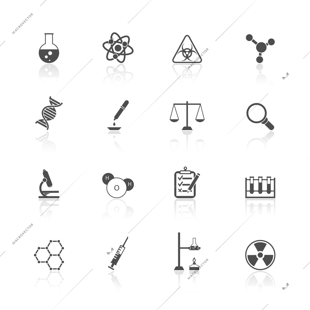 Scientific research chemistry equipment pictograms collection black graphic design icons set isolated vector illustration