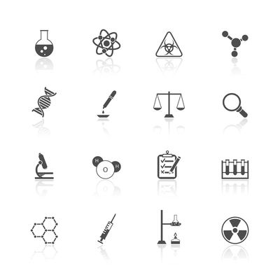 Scientific research chemistry equipment pictograms collection black graphic design icons set isolated vector illustration