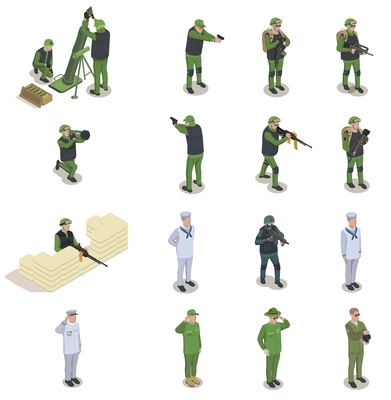 Army soldier people isometric set of isolated icons and human characters of armed people in uniform vector illustration