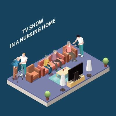Nursing home isometric composition with residents looking tv show in room for rest and leisure vector illustration