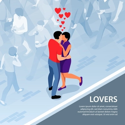 Isometric couple love background composition with editable text and characters of lovers with strangers passing by vector illustration