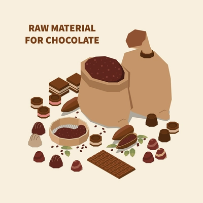Chocolate isomeric background with cacao  beans and raw materials for manufacturing sweet production vector illustration