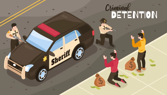 Isometric sheriff composition with outdoor scenery and two policemen marshals during raid on criminals with money vector illustration