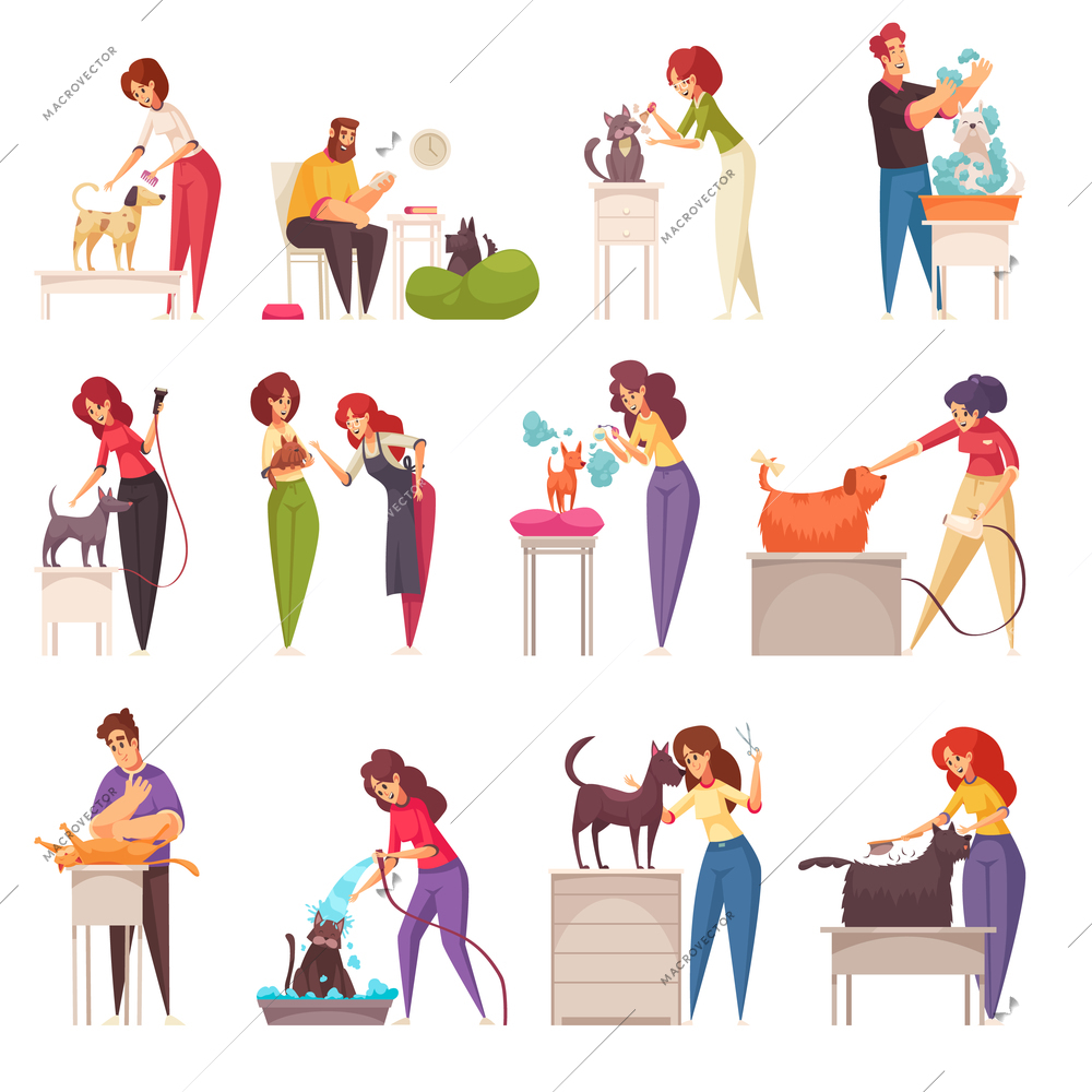 Grooming icons set with cats and dogs flat isolated vector illustration